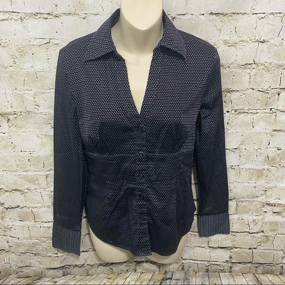 Express Black White Polka Dot V Neck Button Up Shirt - Picture 1 of 5